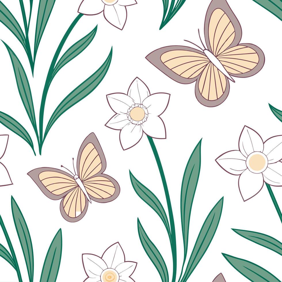 Elegant Easter daffodils and butterflies seamless tile pattern with graceful spring motifs concept as Graceful spring motifs with elegant Easter daffodils and butterflies create se Cleans vector