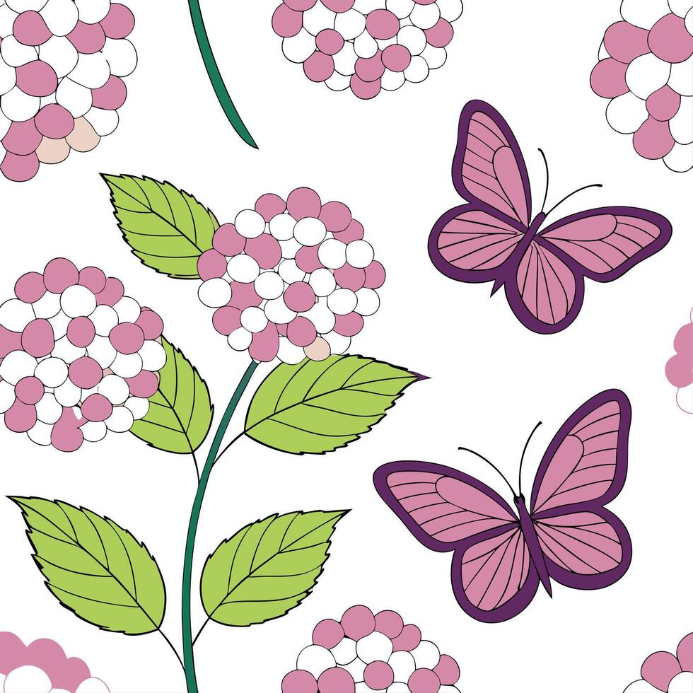 Elegant Easter hydrangeas and butterflies seamless tile pattern with rich spring tones concept as Rich spring tones adorn elegant Easter hydrangeas and butterflies in seamless tile Cleans vector