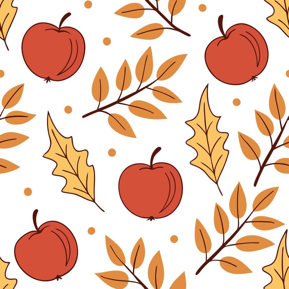 Elegant autumn harvest seamless pattern with bright red apples amber leaves and delicate branches for a refined fall design concept as Refined autumn harvest pattern with red apple Cleans vector