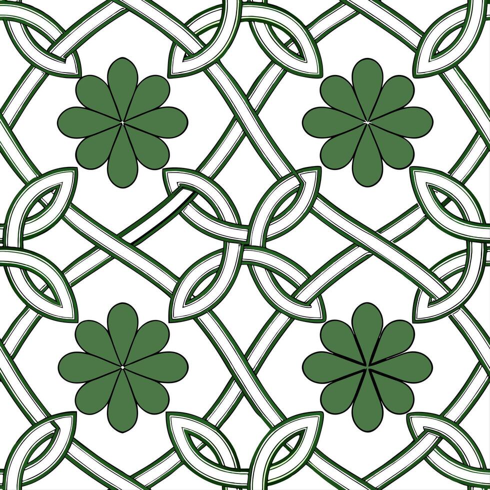 Elegant Celtic knots and four leaf clovers seamless tile pattern with rich green hues concept as Rich green hues highlight elegant Celtic knots intertwined with four leaf clovers i Cleans vector