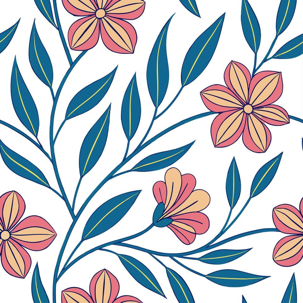 Dynamic summer flowers seamless pattern with flowing petals and bright energetic colors for lively summer visuals concept as Lively summer flower pattern with flowing petals and br Cleans vector