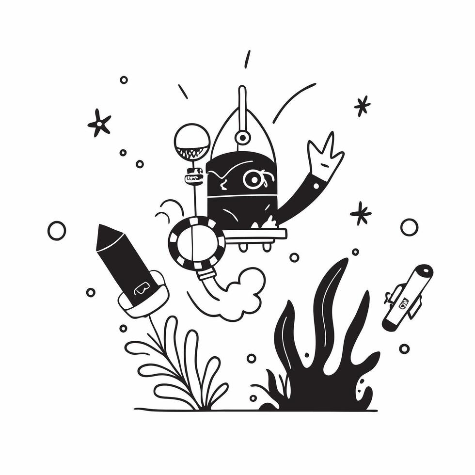 Diver with Diving Gear and Flashlight in Fantasy Ocean concept as Mid shot of a diver with diving gear and flashlight exploring a fantasy ocean The scene includes glowing aquatic Cleans vector
