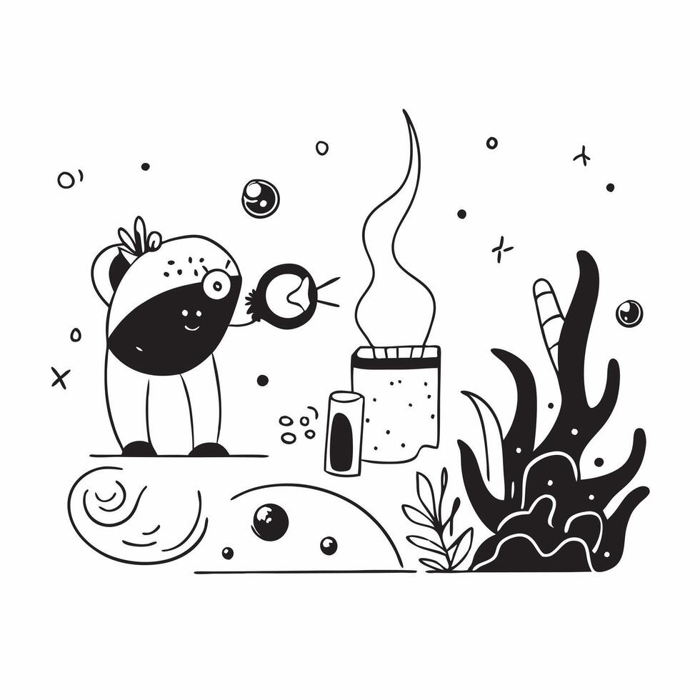 Diver with Diving Gear and Flashlight in Fantasy Ocean concept as Mid shot of a diver with diving gear and flashlight exploring a fantasy ocean The scene includes glowing aquatic Cleans Set 2 vector