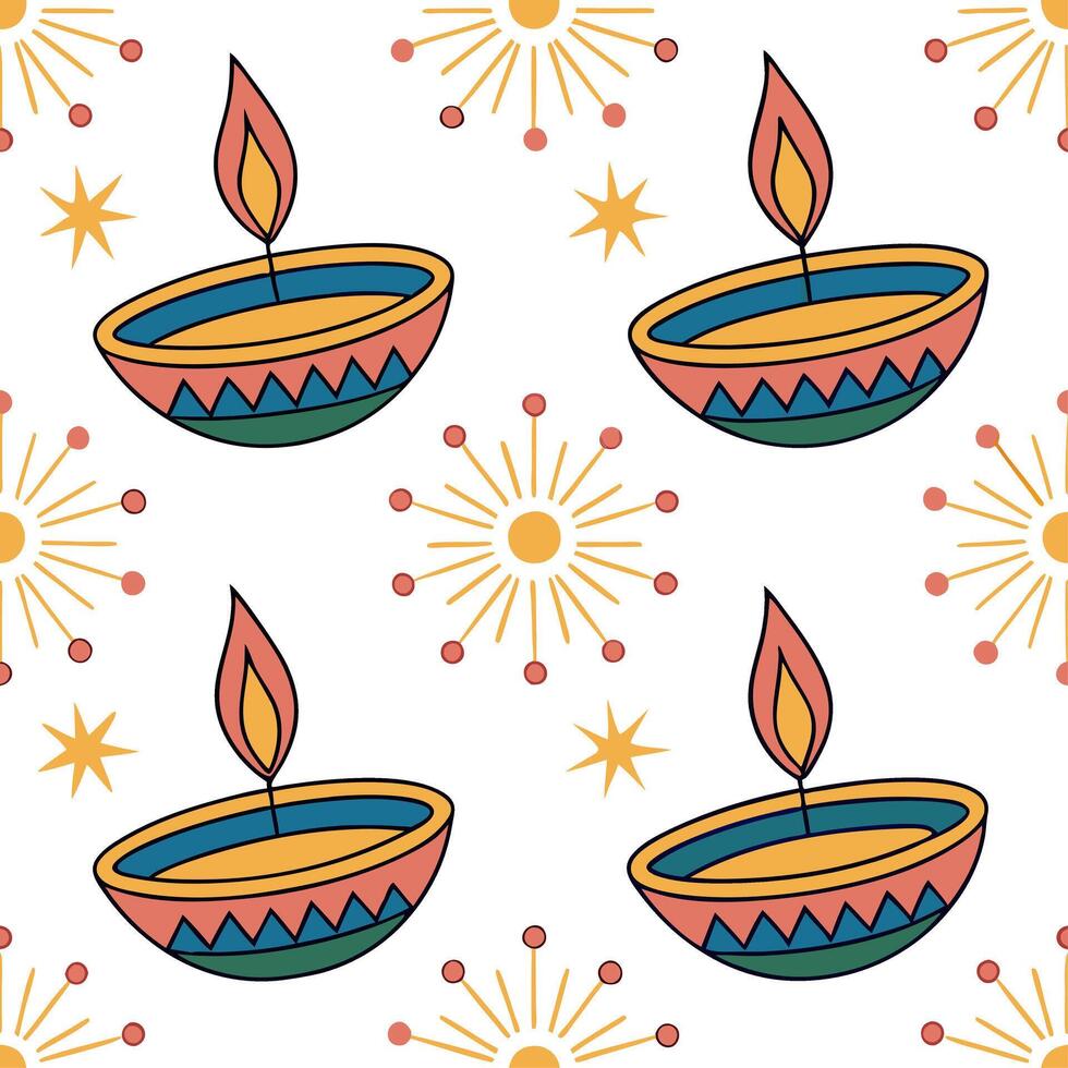 Diwali lamps seamless tile pattern with colorful diyas and vibrant lights for festive home decor concept as Colorful diyas and vibrant lights arranged seamlessly to create festive Cleans vector