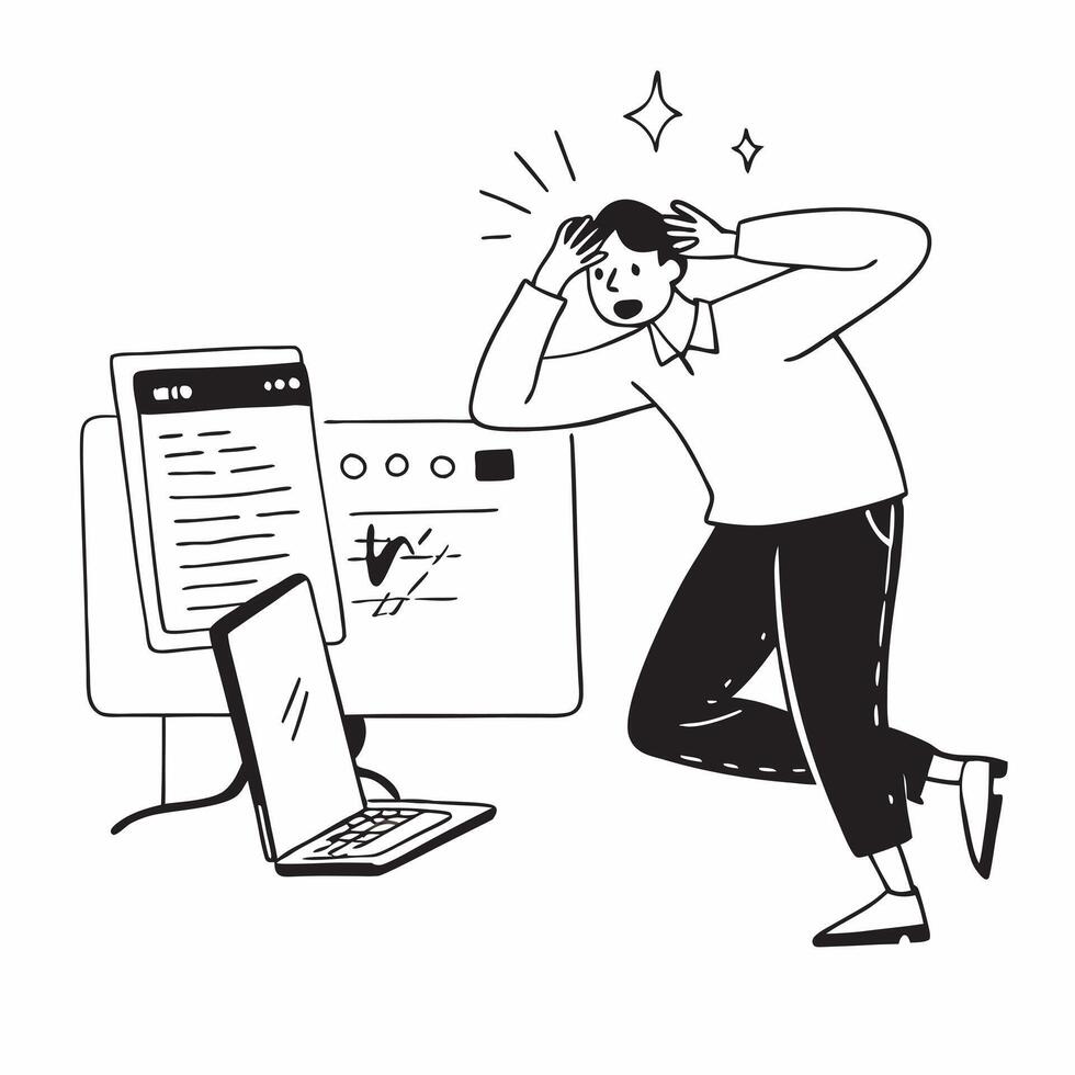 Developer looking at a failed code deployment appearing frustrated concept as A developer in casual attire looking at a failed code deployment on his computer appearing frustrated Cleans vector