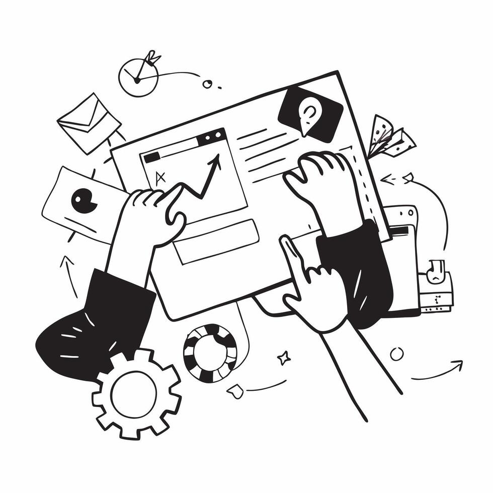 Design team collaborating on a new product concept as A illustration of a design team collaborating on a new product using digital tools and creative software with a 3 color Cleans Set 2 vector