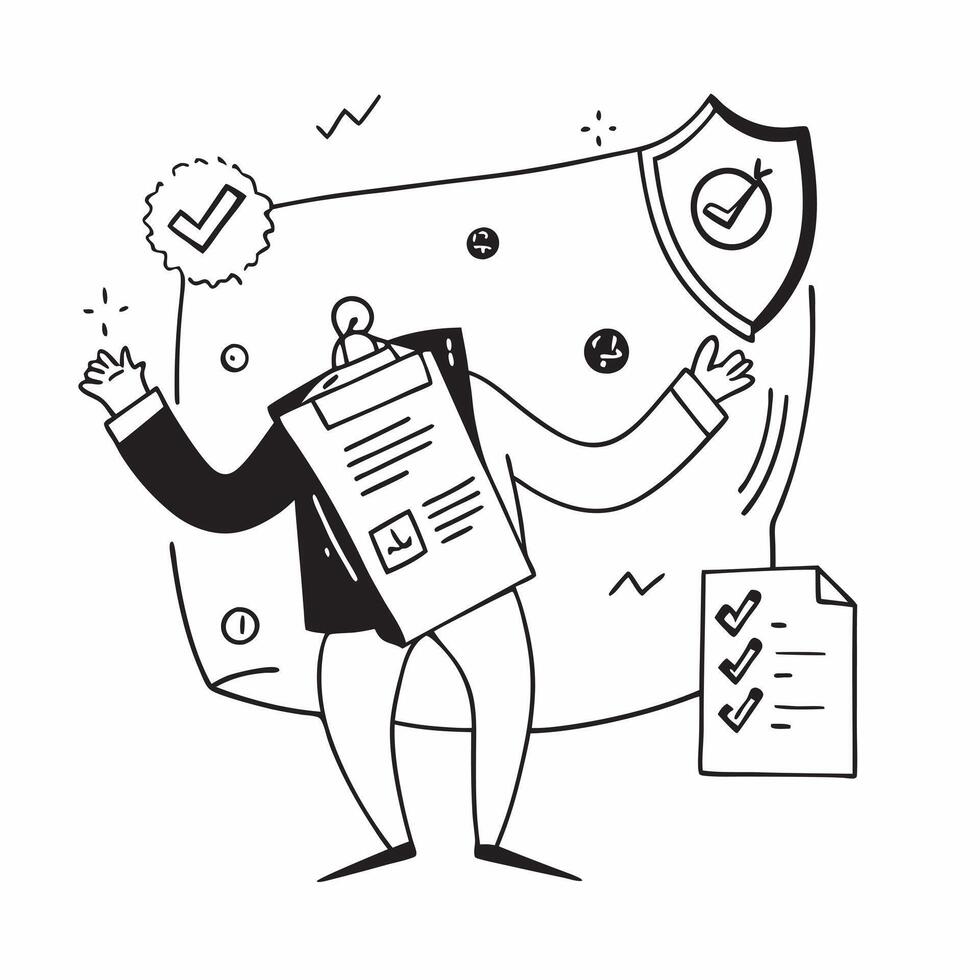 Data Analyst with Shield and Data Report concept as An image of a data analyst with a shield and data report set against a whimsical background offering ample space for text or gra Cleans Set 2 vector
