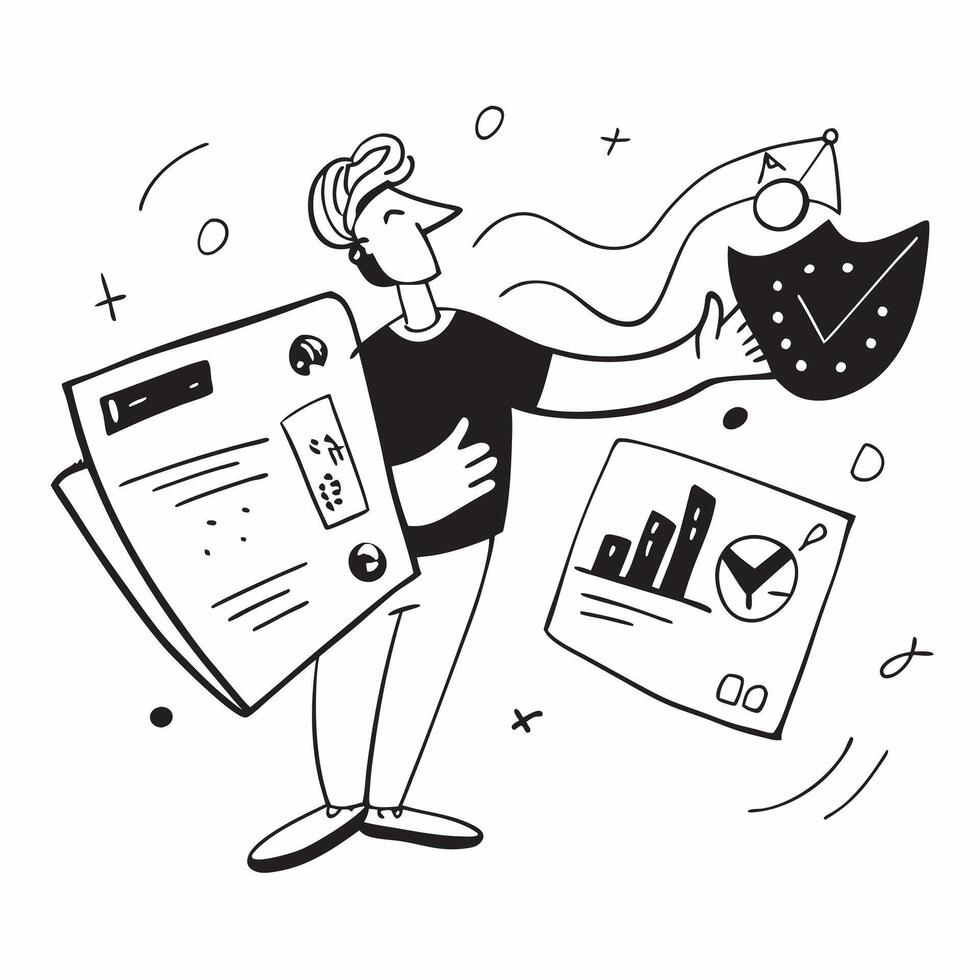 Data Analyst with Shield and Data Report concept as An image of a data analyst with a shield and data report set against a whimsical background offering ample space for text or gra Cleans vector