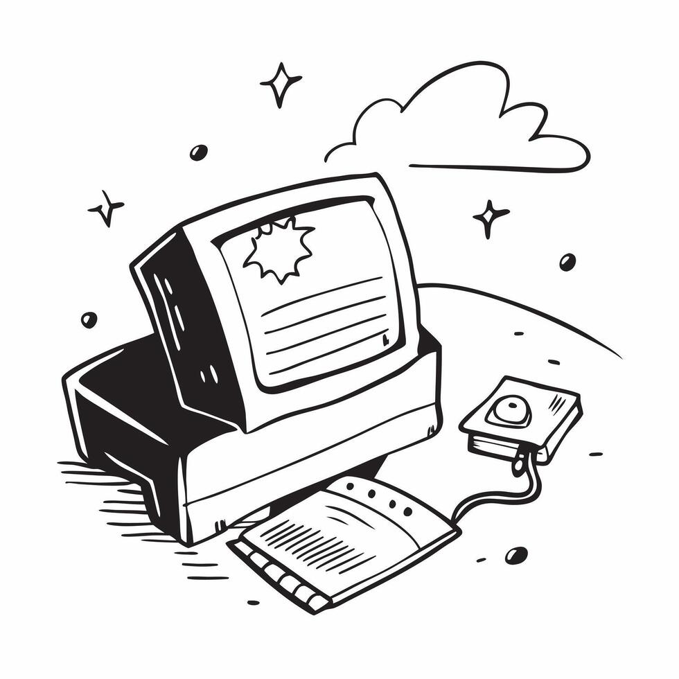 CRT Monitor with Obsolete Certificate and Vintage Keyboard concept as A CRT monitor with an obsolete certificate and vintage keyboard set against a dreamy background offering ample Cleans vector