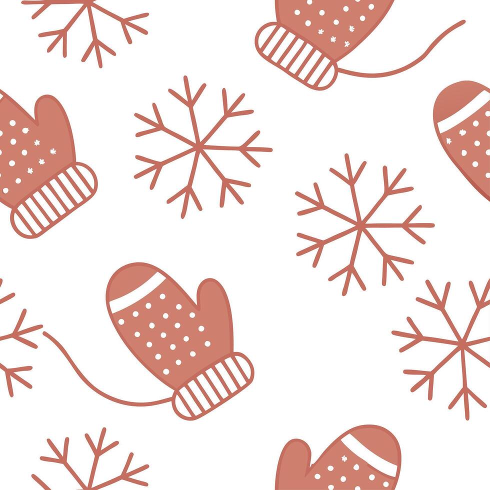 Cozy winter seamless tile pattern with knitted mittens and snowflakes for warm home interiors concept as Knitted mittens and snowflakes arranged seamlessly to create warm and cozy Cleans vector