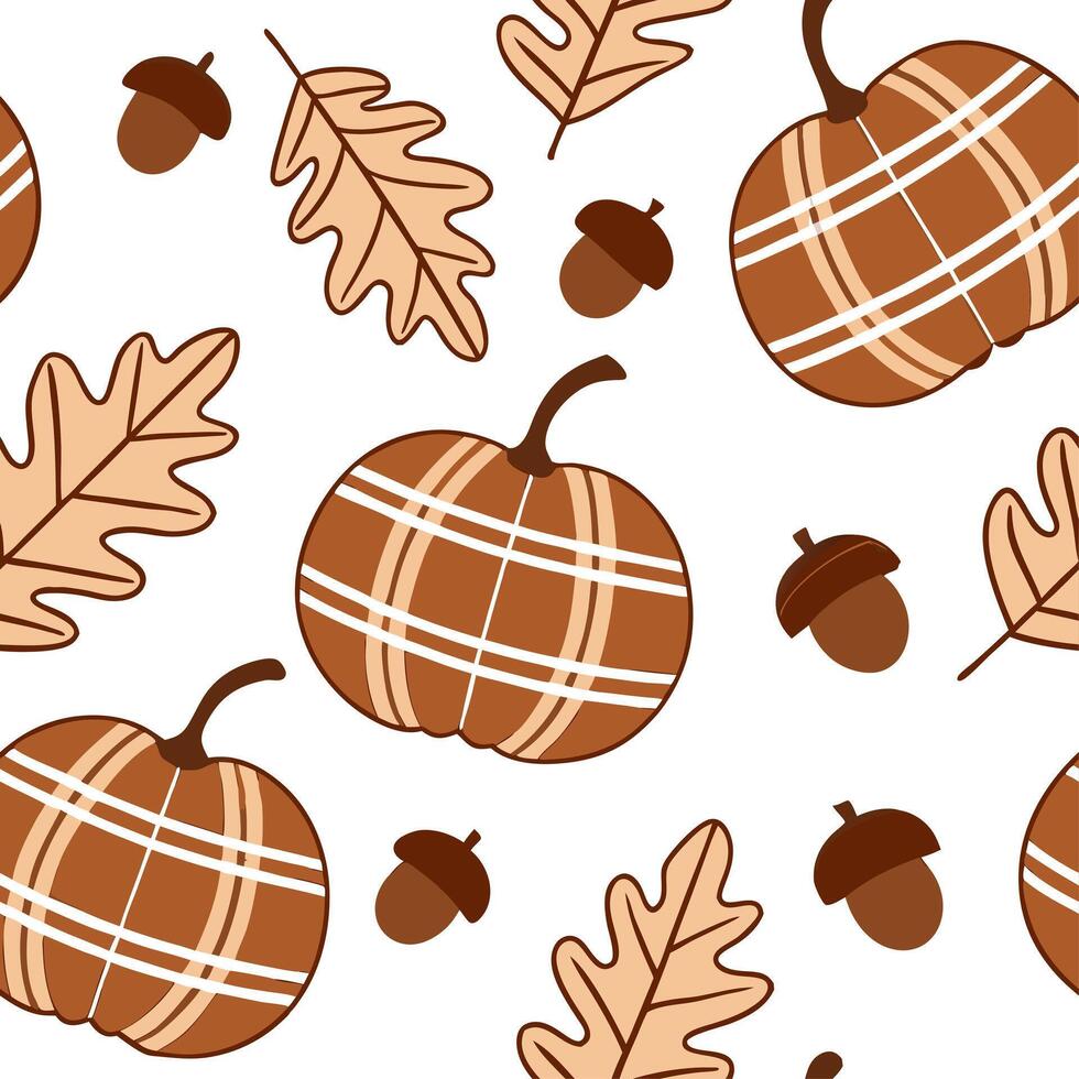 Cozy autumn seamless pattern with plaid pumpkins and acorns for a comfortable fall vibe concept as Comfortable autumn pattern with plaid pumpkins and acorns perfect for a cozy fall Cleans vector