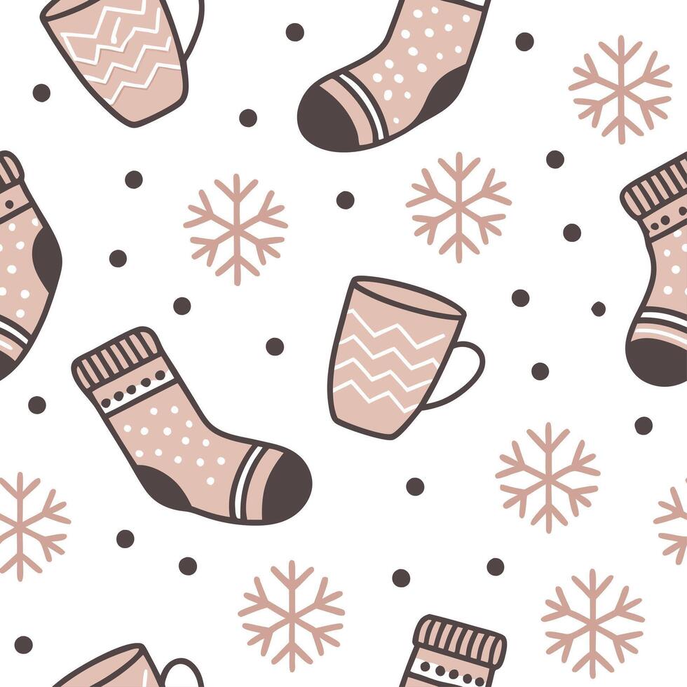 Cozy winter seamless pattern with wool socks hot drinks and cozy mittens for a warm seasonal escape concept as Warm winter pattern with wool socks hot drinks and mittens for a cozy Cleans vector