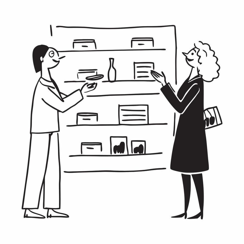 Cosmetic Salesperson with Lip Balm and Customer in Store concept as Wide shot of a cosmetic salesperson offering a lip balm to a customer in a store The background features neatly Cleans vector