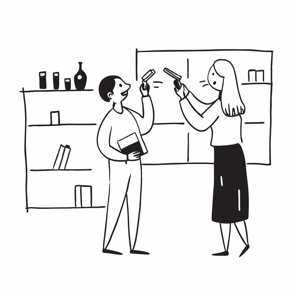 Cosmetic Salesperson with Lip Balm and Customer in Store concept as Wide shot of a cosmetic salesperson offering a lip balm to a customer in a store The background features neatly Cleans Set 2 vector