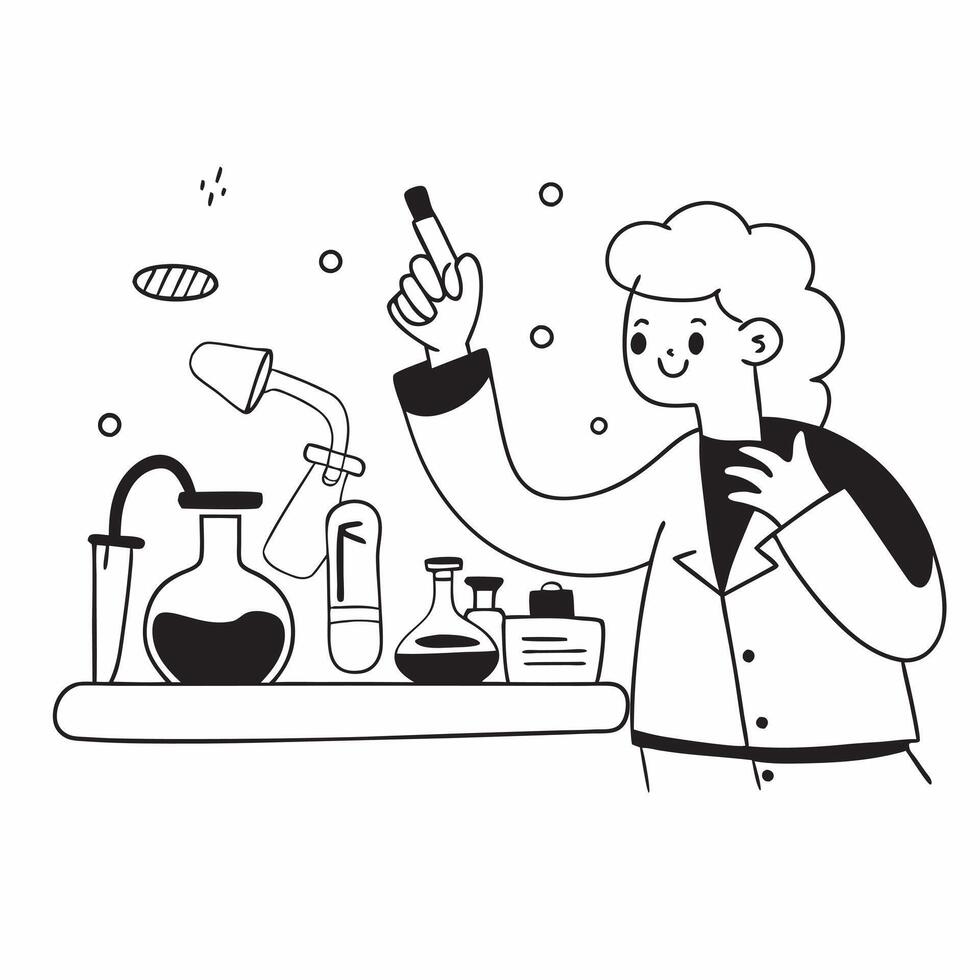 Cosmetic Chemist with Beakers and Lotion in Lab concept as Mid shot of a cosmetic chemist holding beakers and a lotion bottle in a lab The background is filled with scientific equ Cleans vector