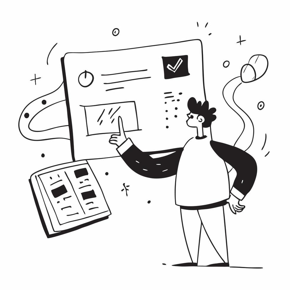 Consultant with Whiteboard and Data concept as An image of a consultant with a whiteboard and data set against a whimsical background offering ample space for text or graphics symb Cleans vector