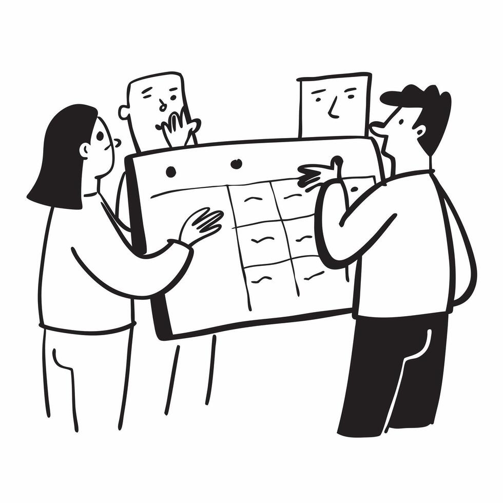 Colleagues reviewing project timelines in a team meeting concept as A illustration of colleagues reviewing project timelines in a team meeting featuring a 3 color palette to Cleans Set 2 vector
