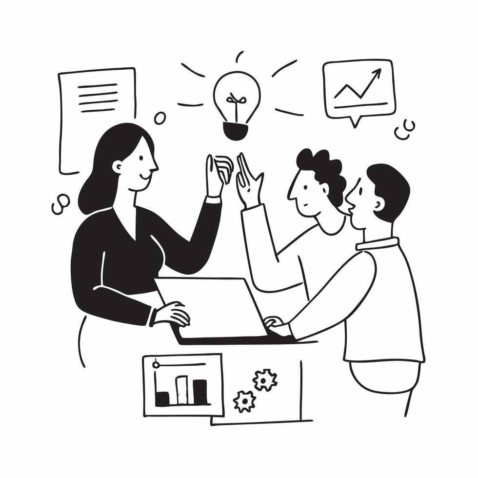 Colleagues in a brainstorming session in a creative office concept as A illustration of colleagues in a brainstorming session in a creative office using a 3 color palette to Cleans vector