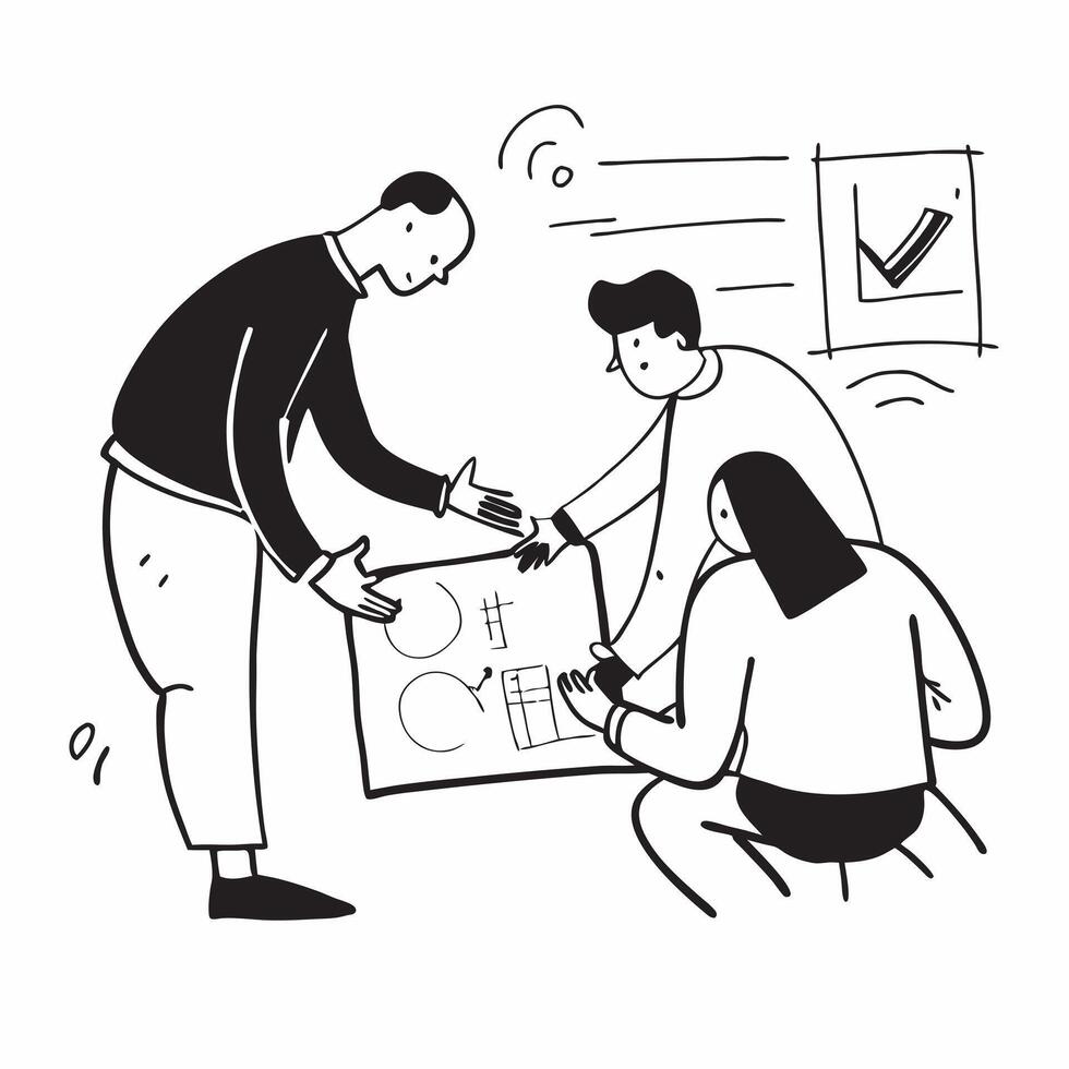 Colleagues working on a business proposal in a meeting concept as A illustration of colleagues working on a business proposal in a meeting using a 3 color scheme to highligh Cleans vector