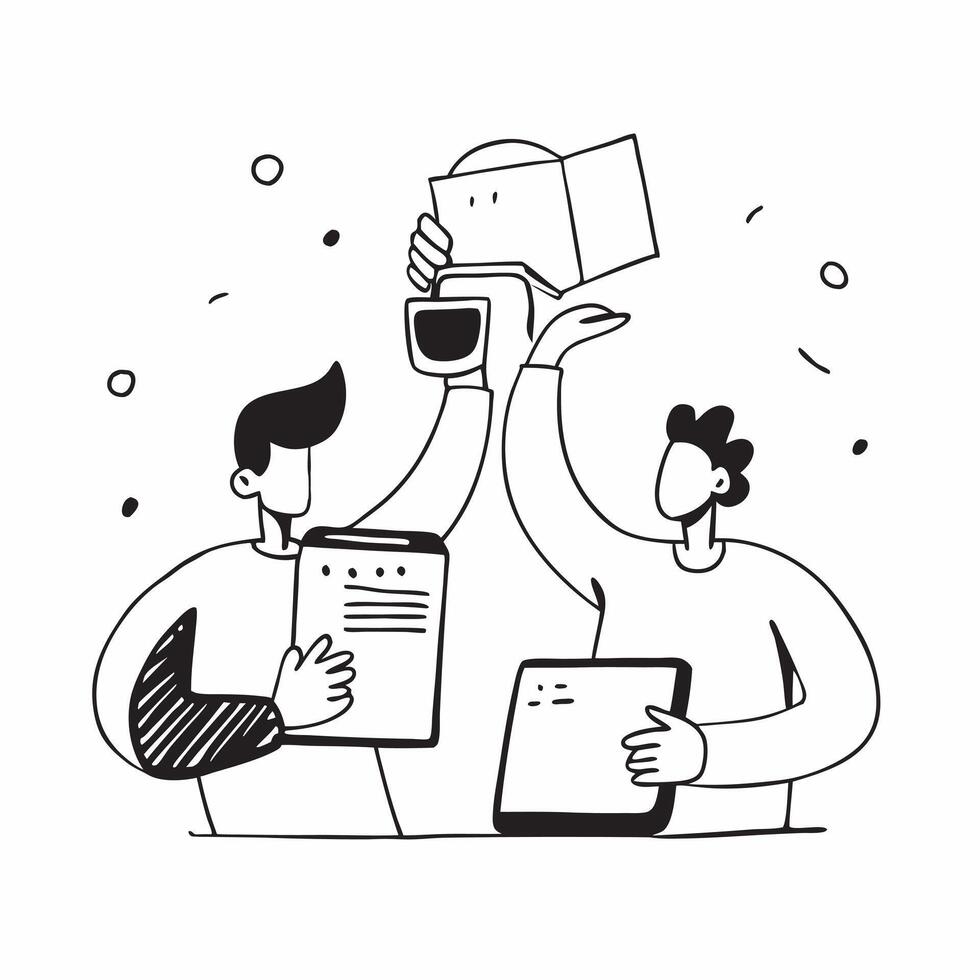 Collaborators with Laptops and Coffee Cups concept as Two collaborators working with laptops and holding coffee cups set against a dreamy background offering ample space for text o Cleans vector
