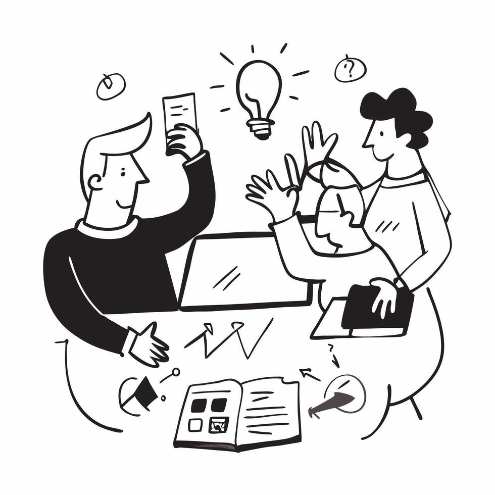 Colleagues in a brainstorming session in a creative office concept as A illustration of colleagues in a brainstorming session in a creative office using a 3 color palette to Cleans Set 2 vector