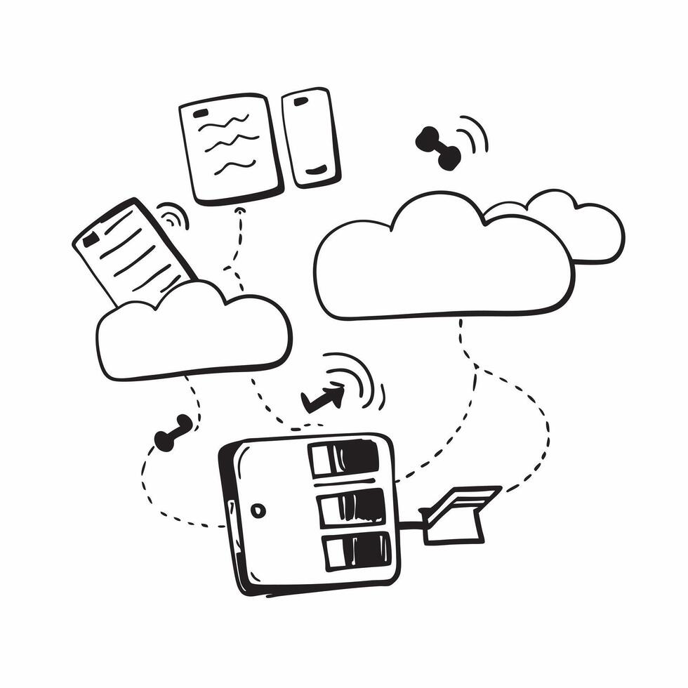 Cloud server network with connected devices concept as illustration of a cloud server network with various connected devices such as laptops smartphones and tablets represen Cleans vector