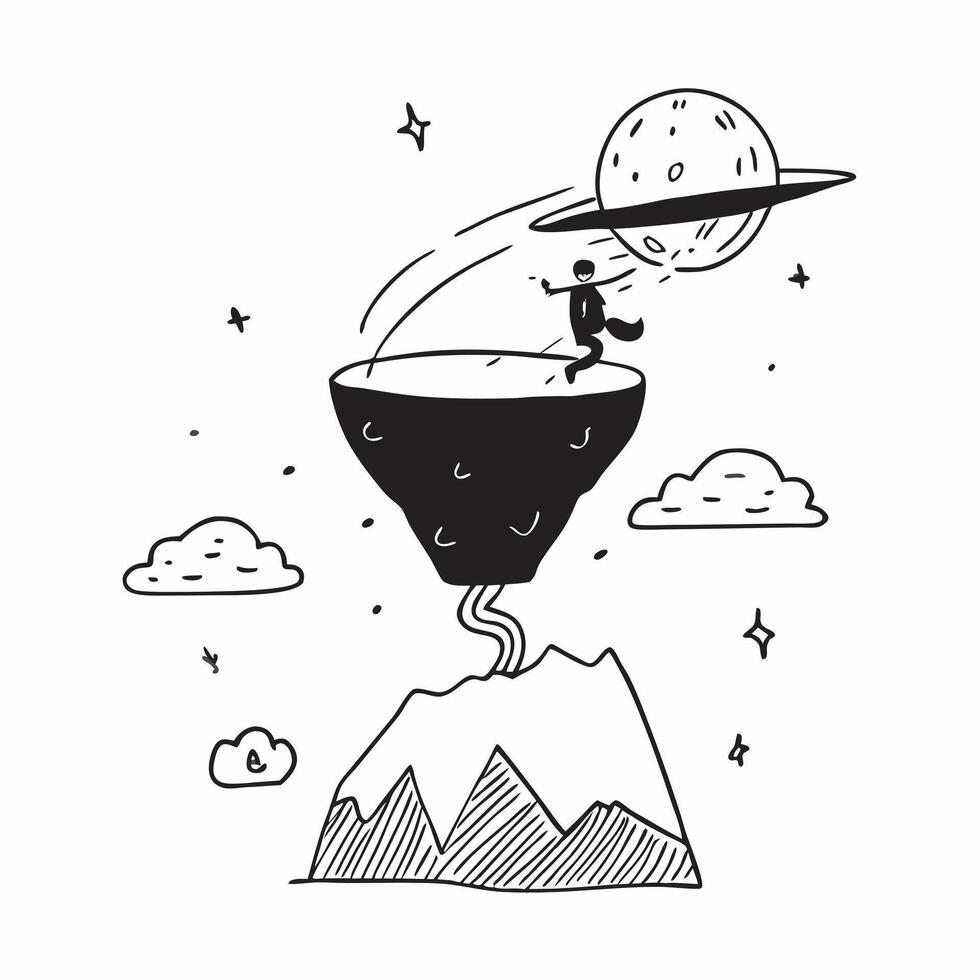 Climber with Rope and Carabiner on Floating Mountain concept as Long shot of a climber with a rope and carabiner ascending a floating mountain The surreal landscape includes mysti Cleans vector