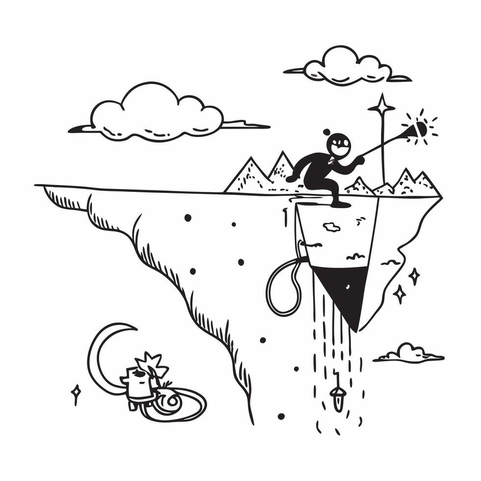 Climber with Helmet and Rope on Floating Cliff concept as Wide shot of a climber with a helmet and rope ascending a floating cliff The surreal landscape includes mystical clouds a Cleans vector