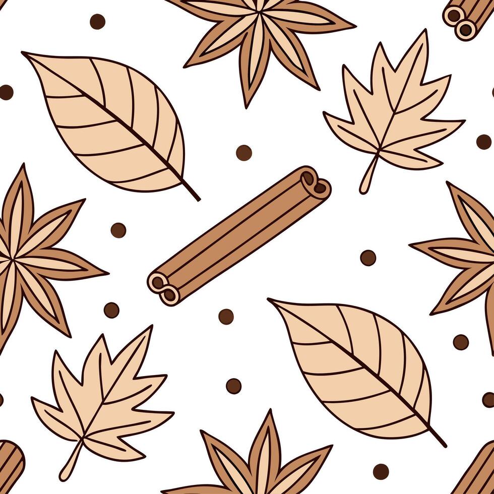 Cinnamon and spice seamless tile pattern with autumn leaves and warm earth tones for cozy seasonal decor concept as Autumn leaves and spice elements like cinnamon arranged seamless Cleans vector