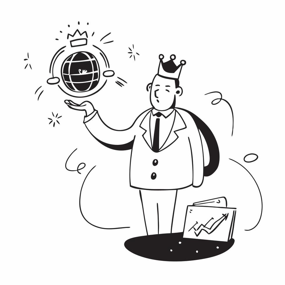 Chief Executive with Crown and Globe concept as An image of a chief executive with a crown and globe set against a whimsical background offering ample space for text or graphics sy Cleans vector