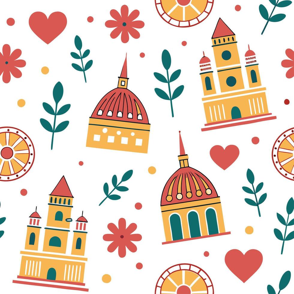 Charming local landmarks and traditional symbols seamless tile pattern with vibrant colors concept as Vibrant colors highlight charming local landmarks and traditional symbols in s Cleans vector