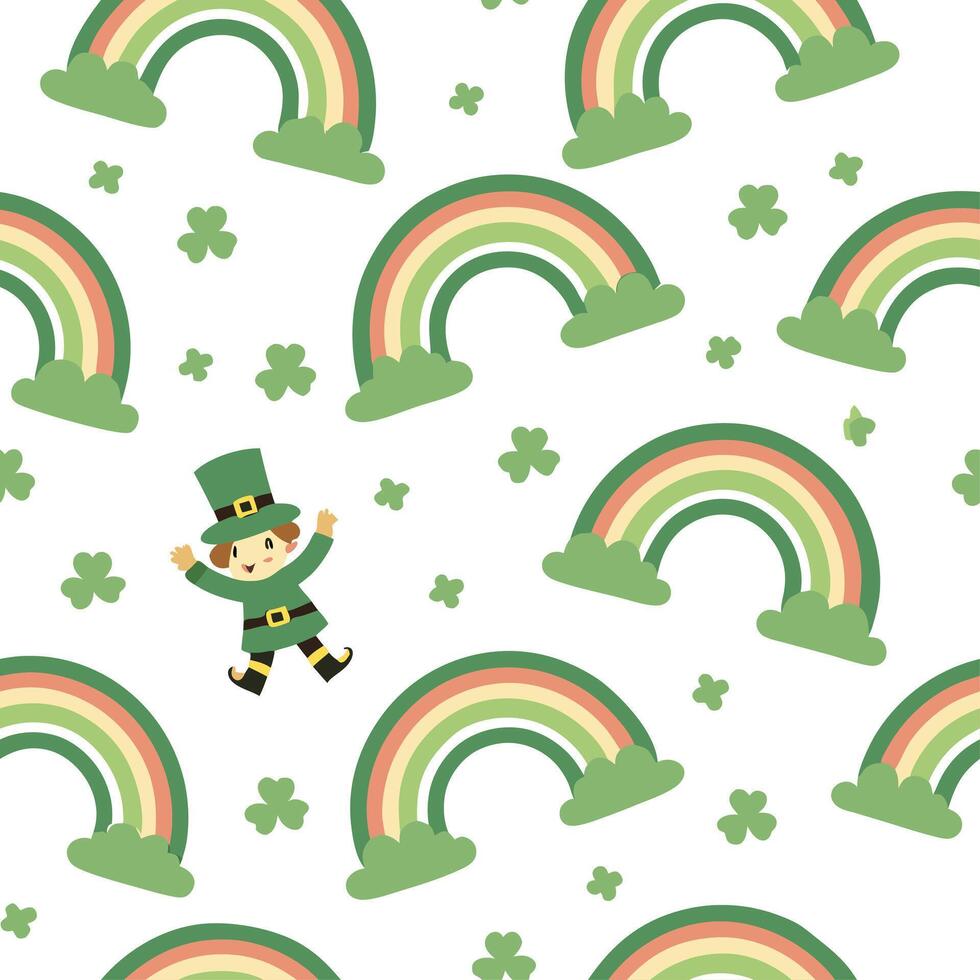 Charming leprechauns and rainbows seamless tile pattern with festive green tones concept as Festive green tones highlight charming leprechauns amidst rainbows in seamless tile patt Cleans vector