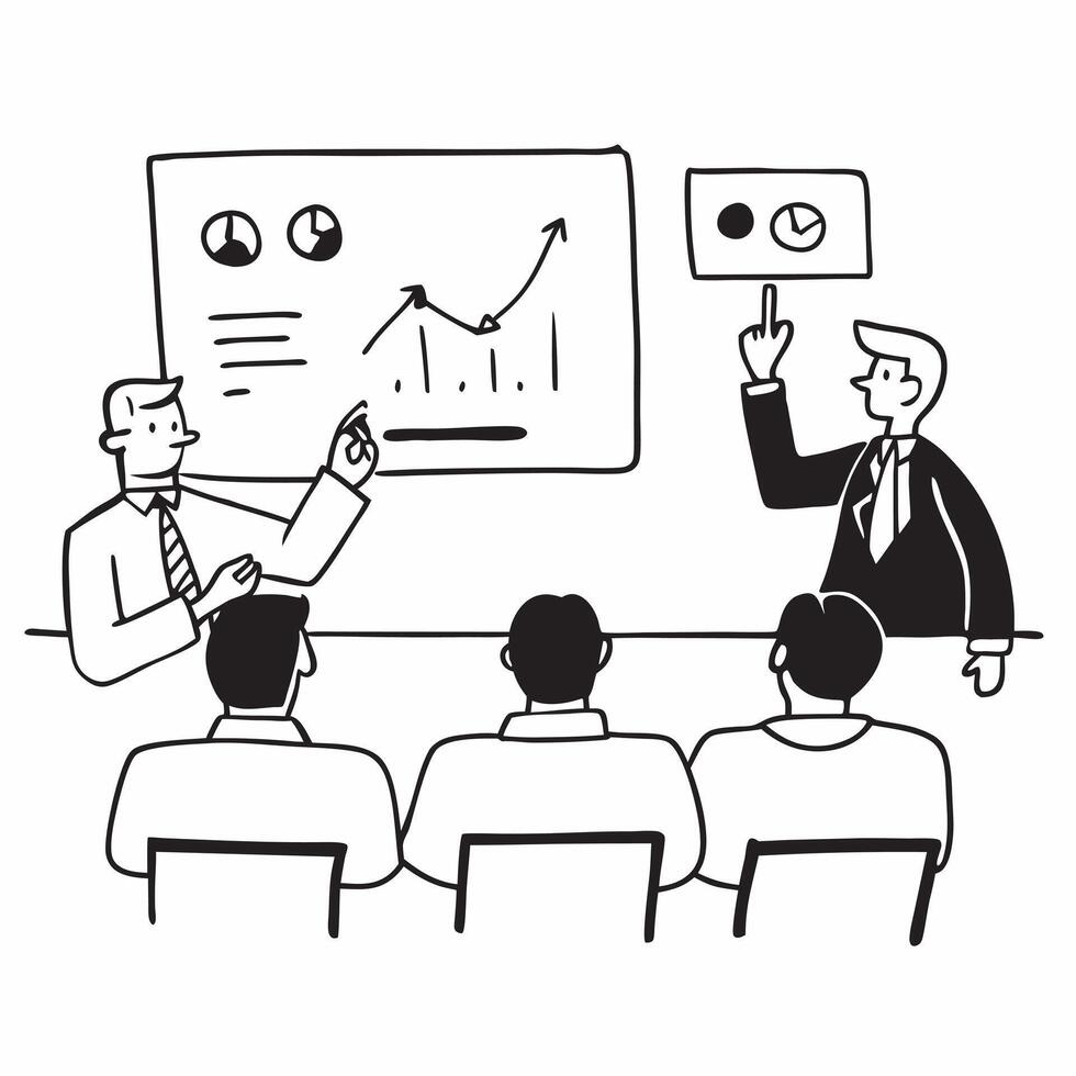 CEO discussing stock valuation strategies with executives concept as A CEO in a boardroom discussing stock valuation strategies with executives using a projector and charts highlig Cleans vector