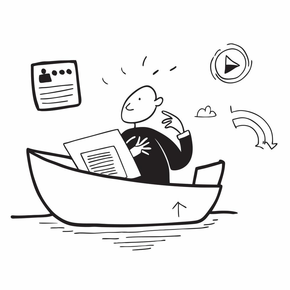 CEO enjoying a relaxing boat ride with a tablet concept as A CEO enjoying a relaxing boat ride with a tablet browsing social media insights emphasizing relaxation and innovative le Cleans vector