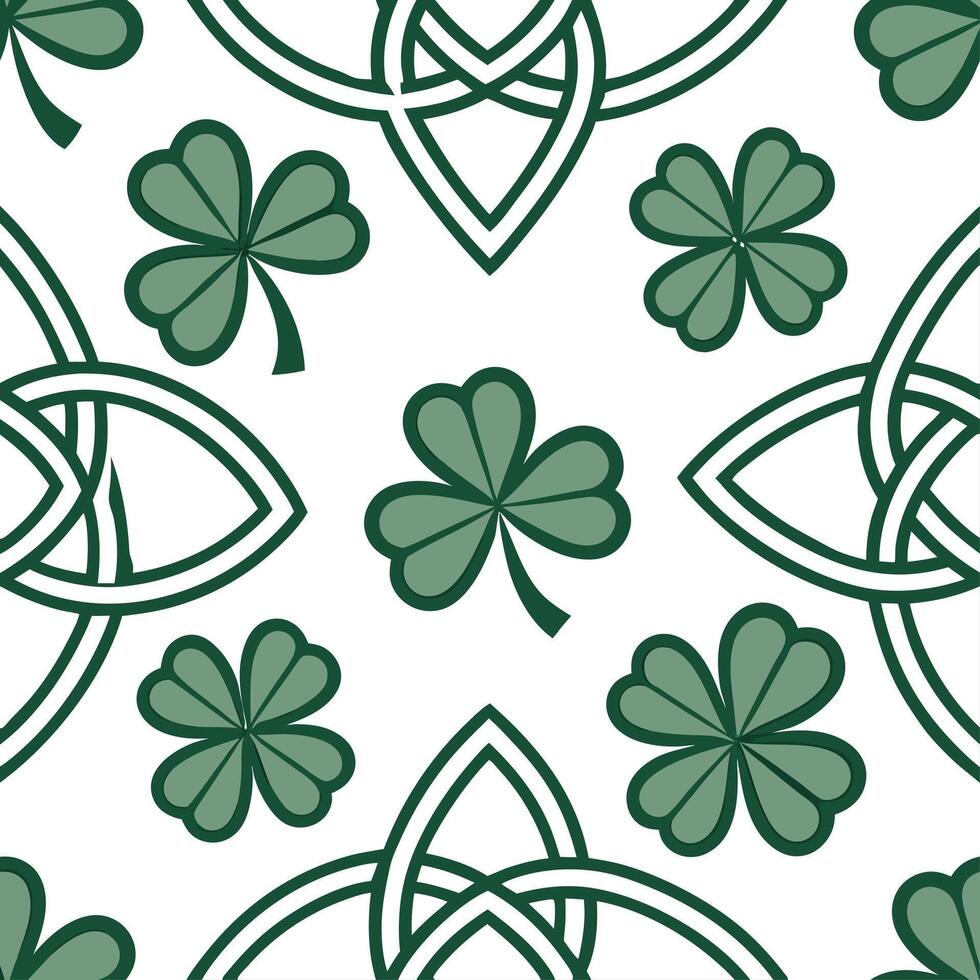 Celtic knots and shamrocks seamless tile pattern with green hues and traditional designs for Irish decor concept as Traditional Celtic knots and shamrocks arranged seamlessly with Cleans vector