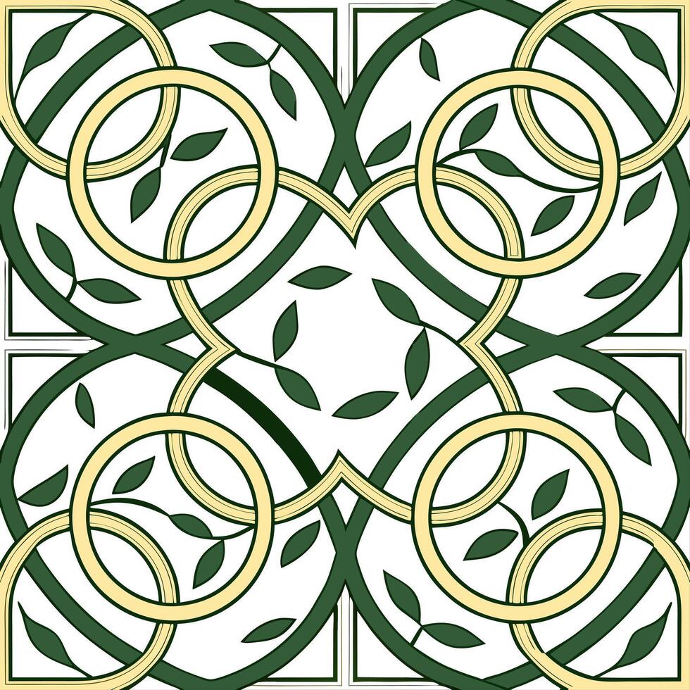 Celtic knots and interwoven vines seamless tile pattern with rich green and gold accents concept as Rich green and gold accents highlight Celtic knots intertwined with vines in sea Cleans vector