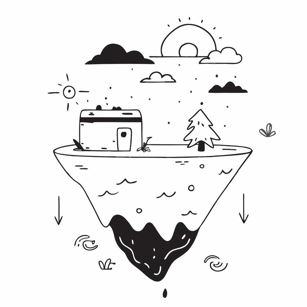 Camper with Campfire and Tent on Floating Island concept as Long shot of a camper with a campfire and tent on a floating island The surreal landscape includes mystical clouds and Cleans vector