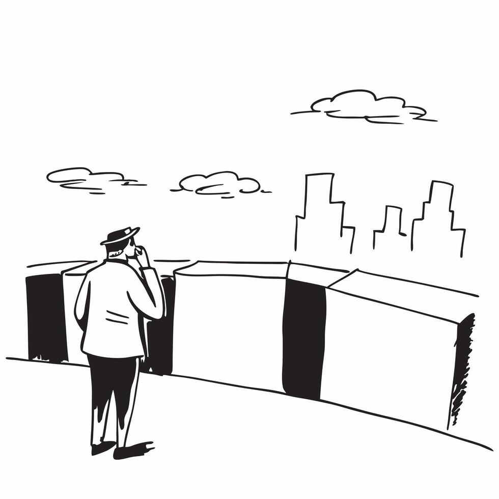 Businessman standing alone on a rooftop looking out over the city appearing thoughtful concept as A businessman in a suit standing alone on a rooftop looking out over the city skyl Cleans vector