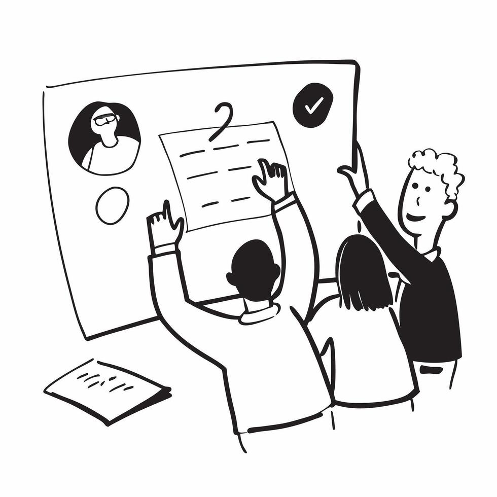 Business team planning next quarters strategy in a meeting concept as A illustration of a business team planning next quarters strategy in a meeting using a 3 color scheme t Cleans vector