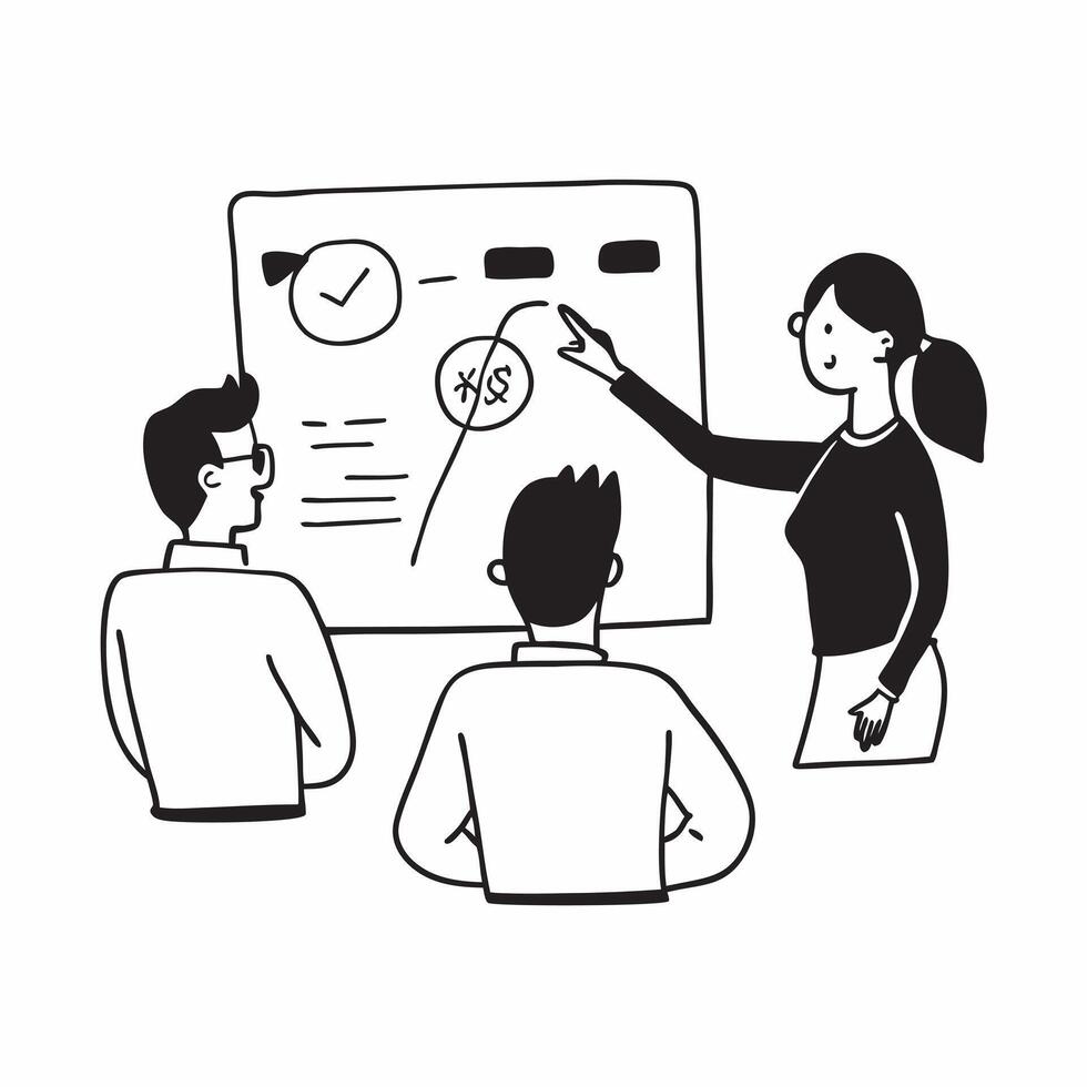 Business team planning next quarters strategy in a meeting concept as A illustration of a business team planning next quarters strategy in a meeting using a 3 color scheme t Cleans Set 2 vector