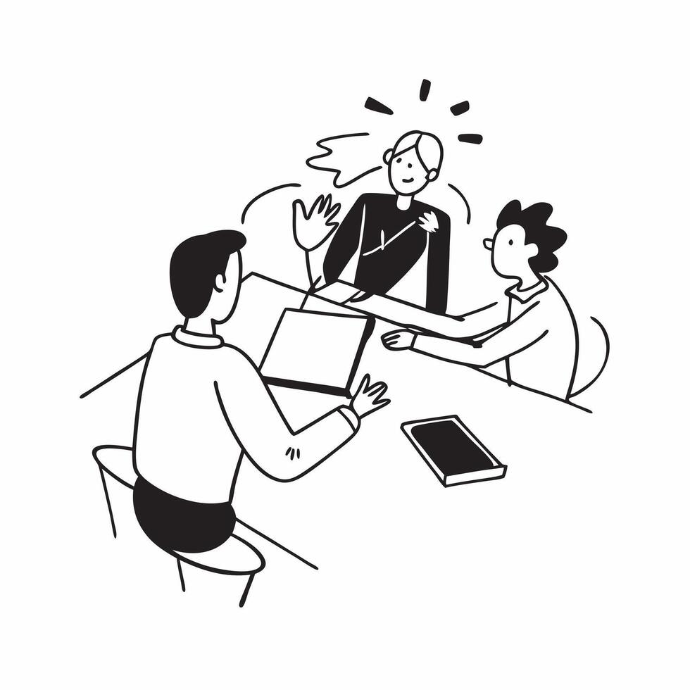 Business team having a meeting in a modern office concept as A illustration of a business team having a meeting in a modern office using a 3 color tone to highlight professi Cleans Set 2 vector