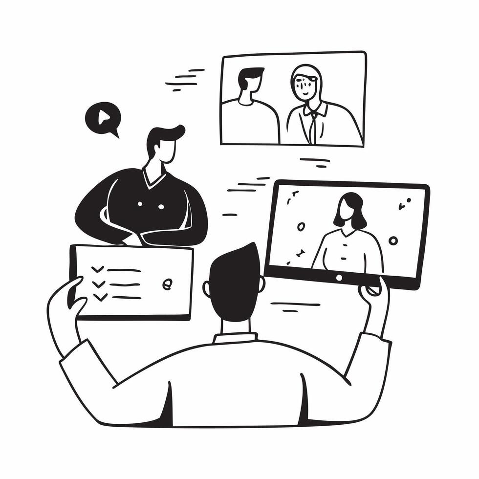 Business team having a conference meeting concept as A illustration of a business team having a conference meeting using a 3 color scheme to highlight remote col Cleans Set 2 vector