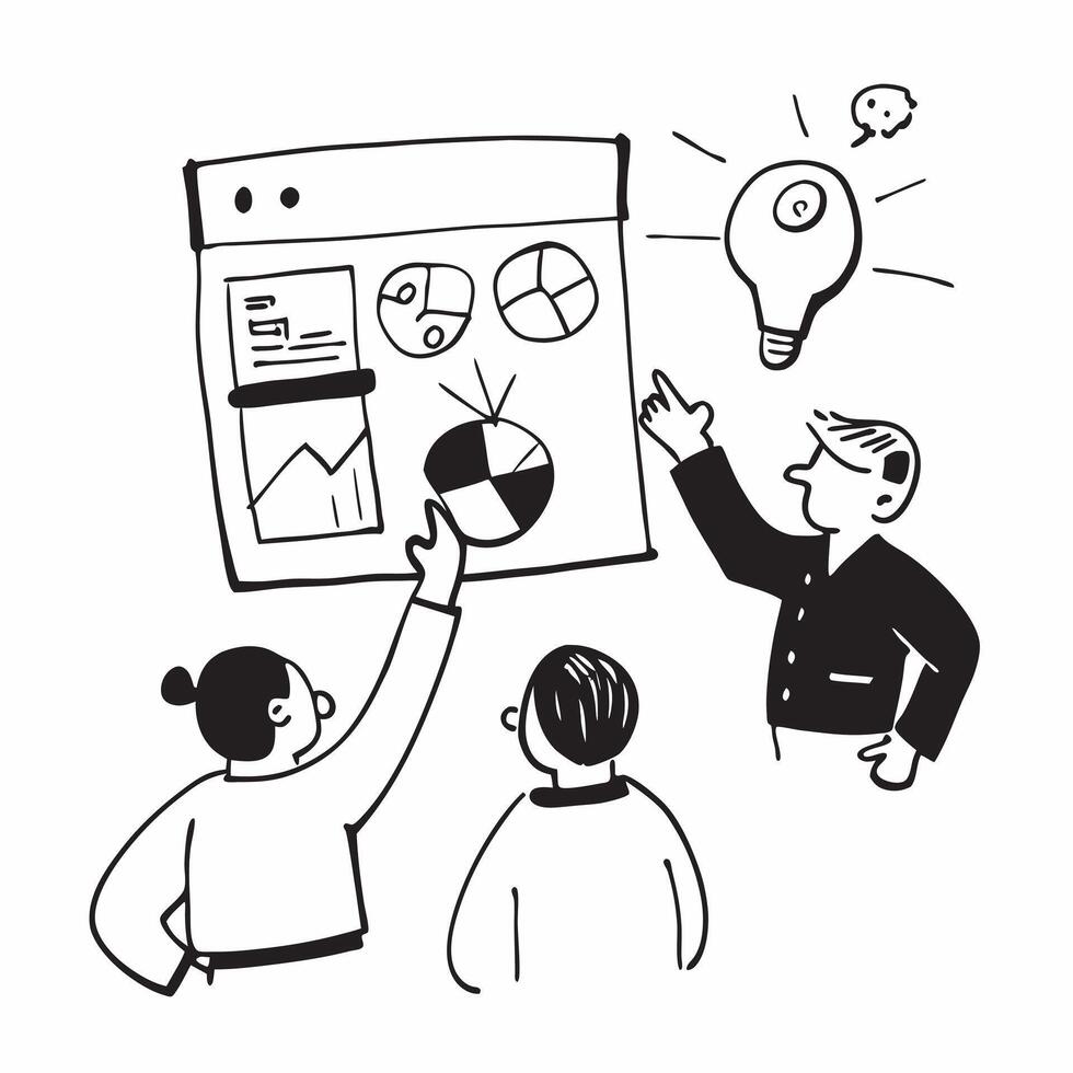 Business team evaluating risks in a strategic planning meeting concept as A illustration of a business team evaluating risks in a strategic planning meeting using a 3 color Cleans vector