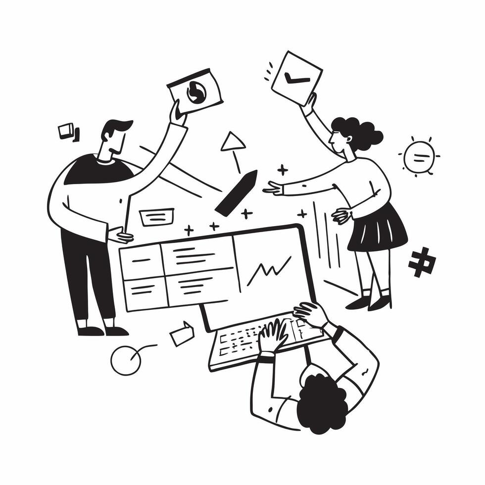 Business team collaborating on an e commerce strategy concept as A illustration of a business team collaborating on an e commerce strategy using laptops and digital tools wi Cleans Set 2 vector