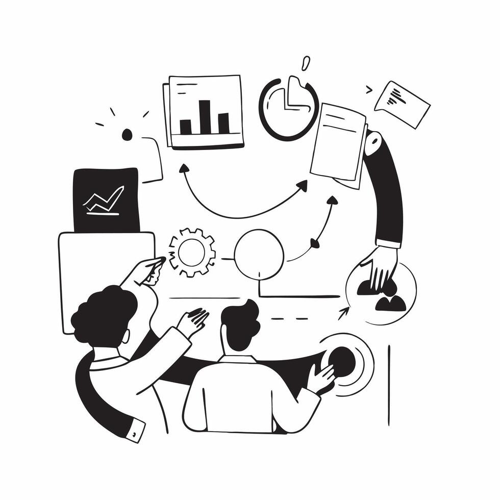Business team collaborating on a sustainability initiative concept as A illustration of a business team collaborating on a sustainability initiative using charts and digital Cleans vector