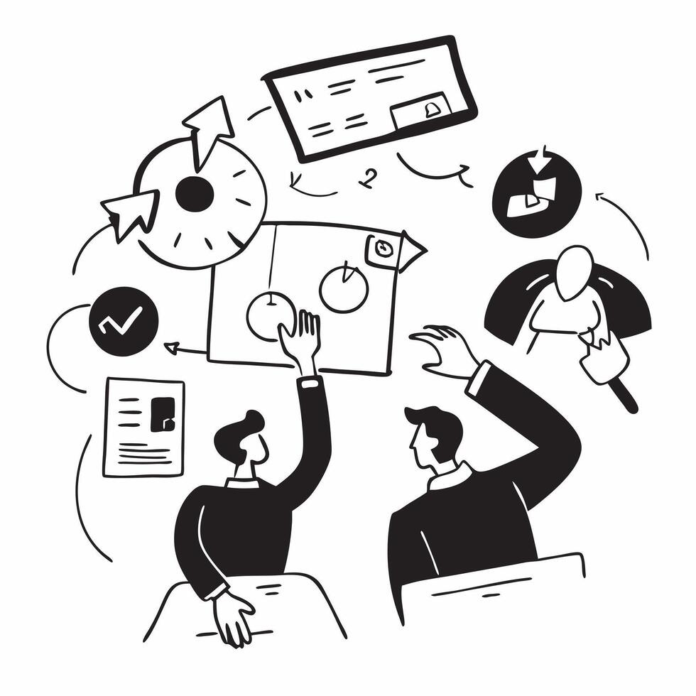 Business team collaborating on a marketing strategy concept as A illustration of a business team collaborating on a marketing strategy using digital tools and charts with an Cleans Set 2 vector