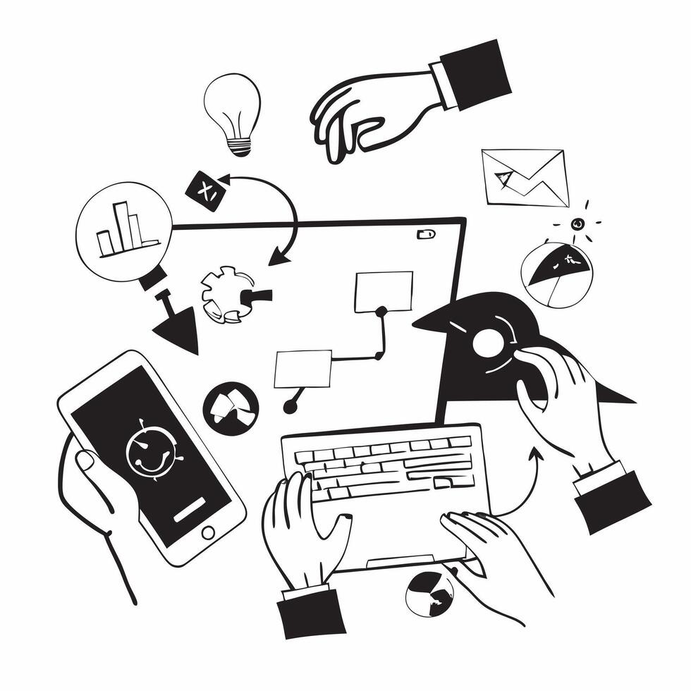 Business team collaborating on a digital transformation project concept as A illustration of a business team collaborating on a digital transformation project using laptops Cleans vector