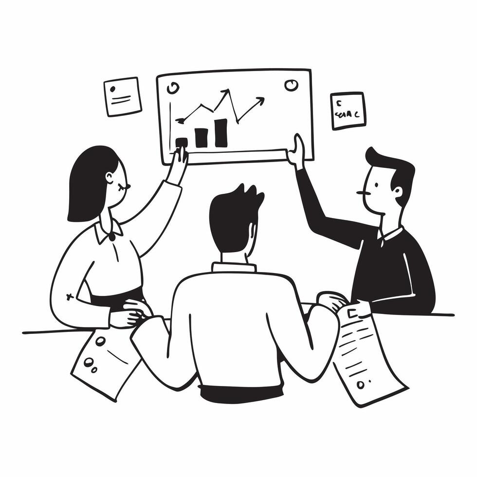Business team analyzing data in a meeting room concept as A illustration of a business team analyzing data in a meeting room using a 3 color scheme to highlight analytical t Cleans Set 2 vector