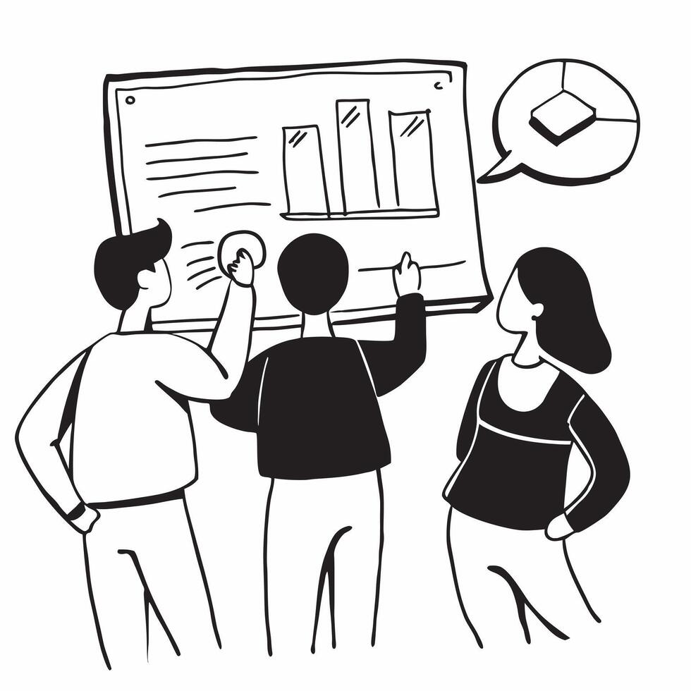Business team analyzing data in a meeting room concept as A illustration of a business team analyzing data in a meeting room using a 3 color scheme to highlight analytical t Cleans vector