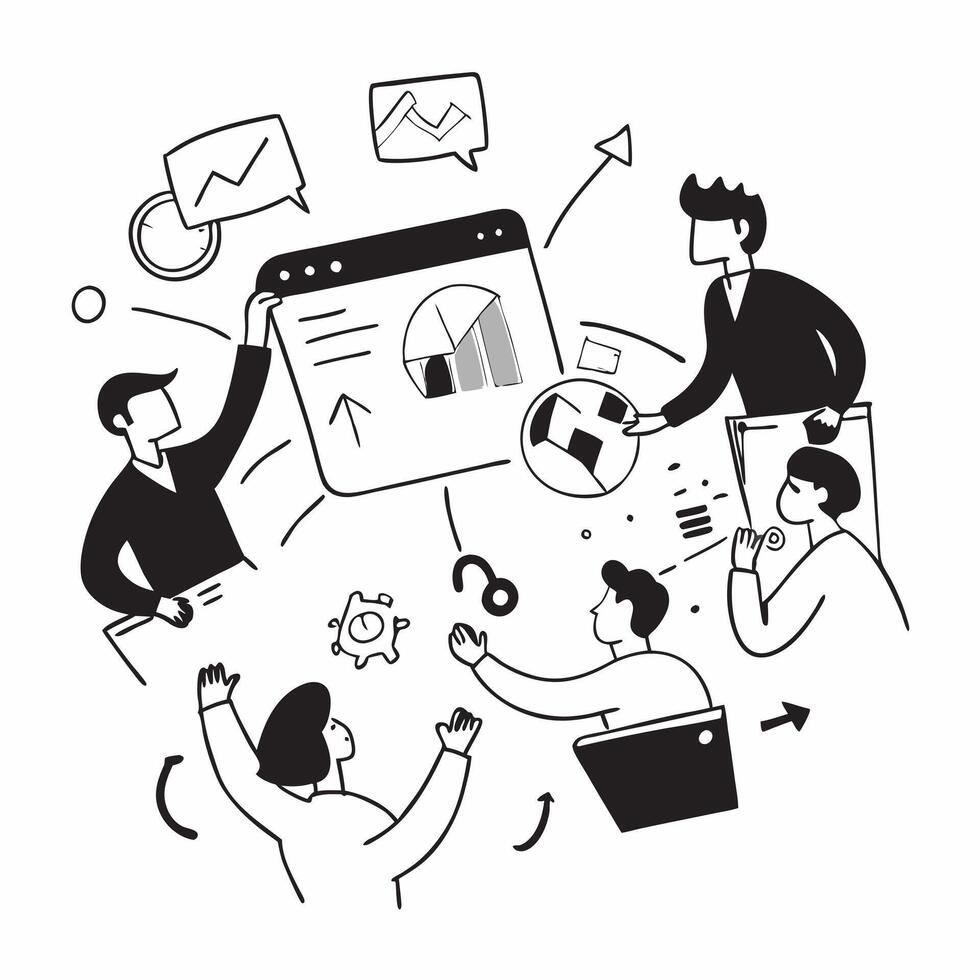 Business team collaborating on a marketing strategy concept as A illustration of a business team collaborating on a marketing strategy using digital tools and charts with an Cleans vector
